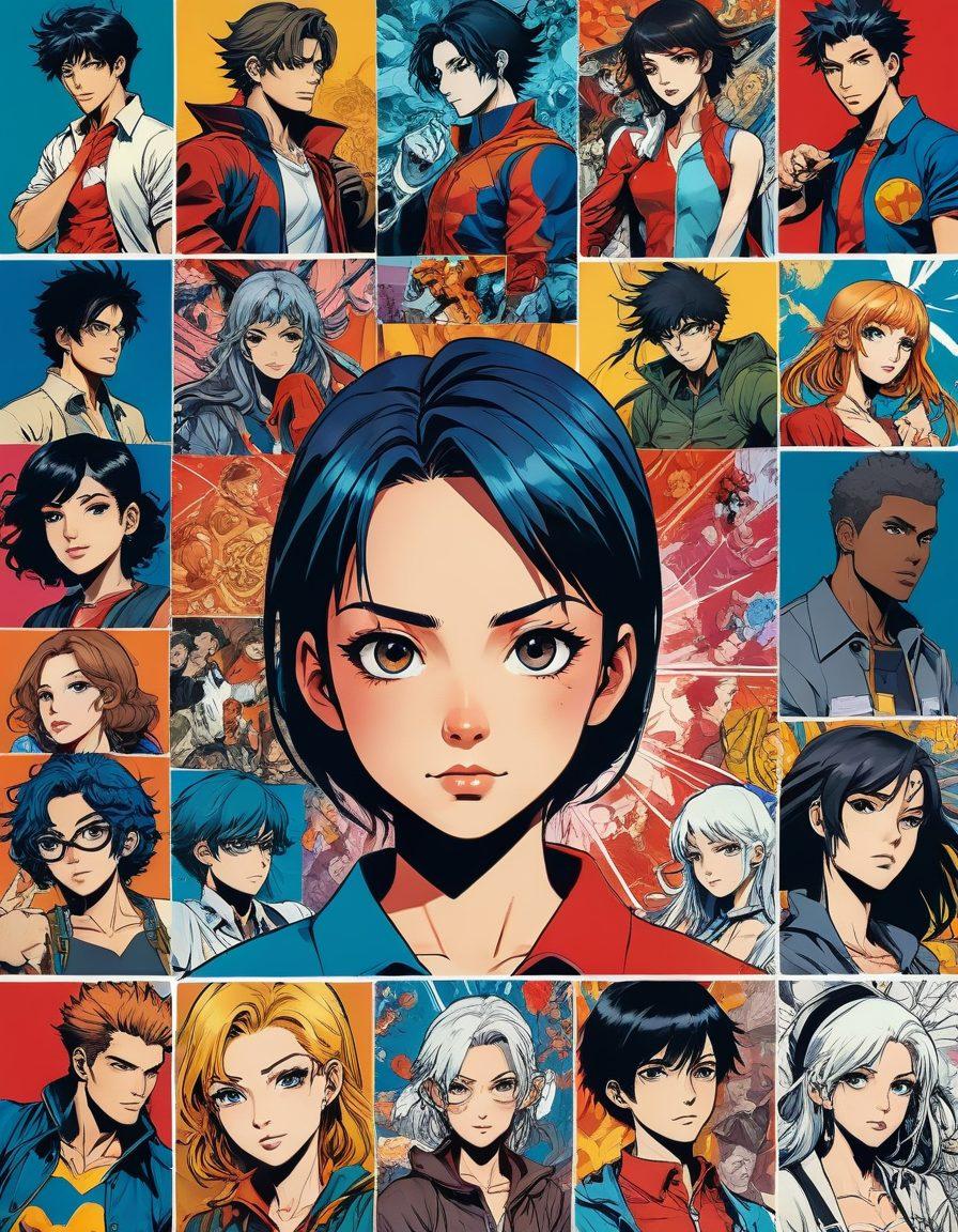 A vibrant and intricate collage showcasing the evolution from comic book panels to animated sequences. Include a variety of adult characters in diverse styles, blending classic manga art with modern animation aesthetics. Integrate dynamic action scenes and expressive facial features to capture the essence of movement and storytelling. Add colorful backgrounds that mirror the mood of each style transition. 3D style, vibrant colors, anime-inspired.
